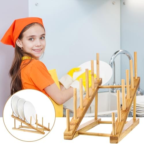 Suclain 6 Pcs Wooden Bamboo Dish Drying Rack Kitchen Cabinet Organizer