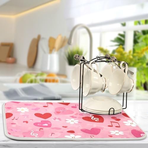 OTVEE Pink Melody Pattern Dish Drying Mat for Kitchen Counter