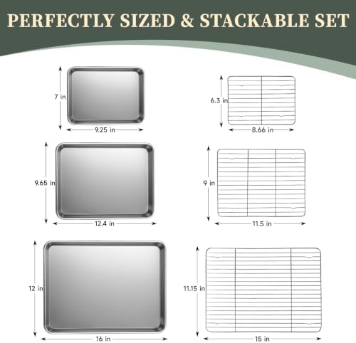 Baking Sheet with Rack Set (3 Pans + 3 Racks), 9/12/16 Inch Stainless