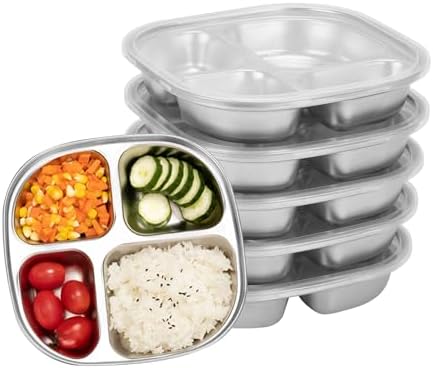 5-Pack Stainless Steel Divided Plates with Lids – Adults Portion