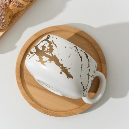 LUKA 7.77 oz Ceramic Cappuccino Cups with Bamboo Saucers and Metal