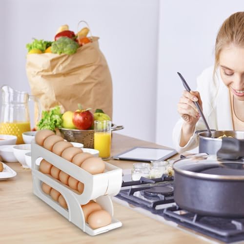Egg Container for Refrigerator, Auto-Rolling 3-Tier Holder White