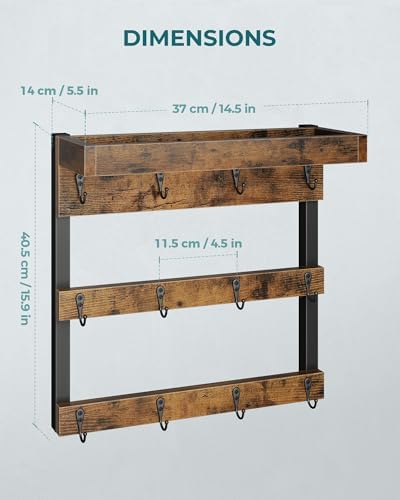 OROPY Coffee Mug Rack Wall Mounted, Rustic Wood Cups Rack, 12 Hooks &