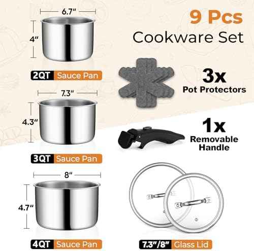 P&P CHEF Tri-Ply 9Pcs Cooking Pots and Sauce Pans Set with Removable Handle