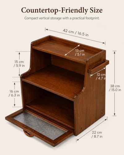 Brown Bread Box for Kitchen Countertop, Wooden Bread Storage Container with Shelf, Coffee Bar Organizer and Bread Keeper for Bread, Bagels and Pantry