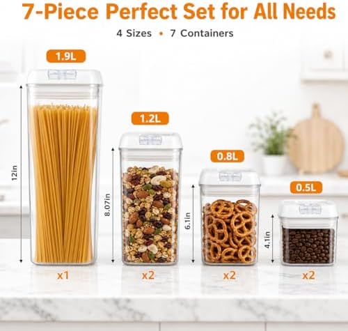 7-Piece Airtight Food Storage Containers with Lids, Clear Stackable Pantry Organization Set for Flour, Sugar, Cereal, Snacks and Kitchen Storage