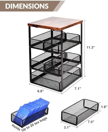 Tea Bag Organizer with 5 Drawers, Wooden & Metal Tea Storage Organizer