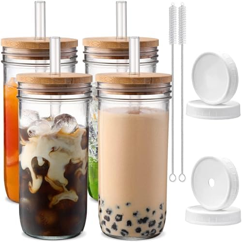 Iced Coffee Cups with Lids,Glass Cups with Lids and Straws,4 Coffee