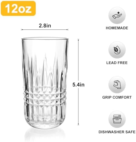Highball Glasses Set of 6, 12oz Crystal Drinking Glasses, Lead-free