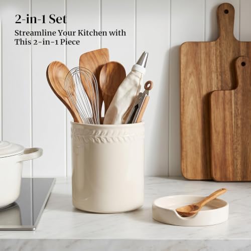 DOWAN 6.7'' Ceramic Utensil Holder with Drain Tray for Wooden Spoons