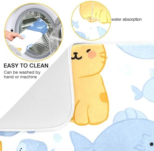 OTVEE Bubbly Cat Print Dish Drying Mat for Kitchen Counter Absorbent