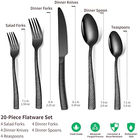 20-Piece Black Silverware Set, Stainless Steel Hammered Flatware Set