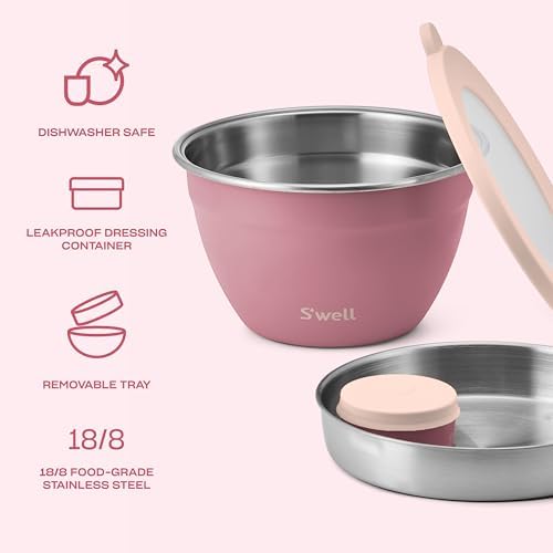 S'well Stainless Steel Salad Bowl Kit 64oz, Dusty Pink, Comes with 2oz