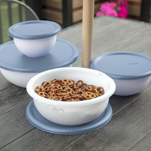 Sterilite Covered Mixing Bowl Set, Nesting Plastic, Washed Blue
