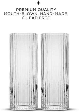 JoyJolt Elle 16oz Fluted Highball Glasses Set of 2, Ribbed Tall
