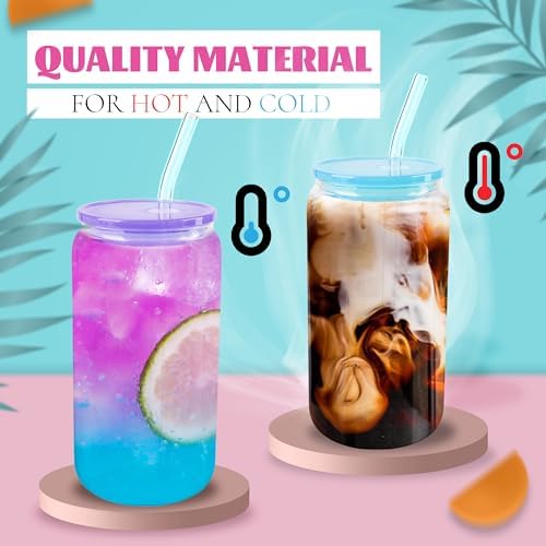 Joyclub 8pcs 16Oz Glass Cups with Acryic Lids and Straws Drinking