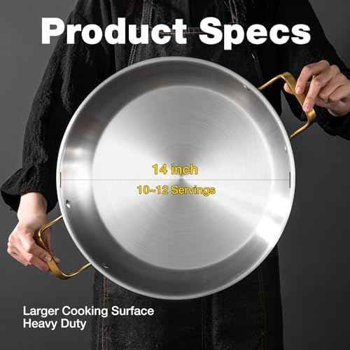Yeksum 14 Inch Stainless Steel Paella Pan with Lid,Frying Pan, Tri-Ply