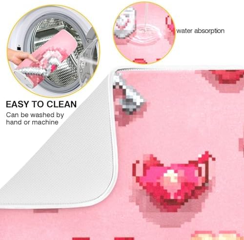OTVEE Whimsical Pixel Heart Art Dish Drying Mat for Kitchen Counter
