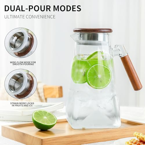 Jug 1.8L Glass Pitcher with Wooden Lid and Handle, Borosilicate Glass