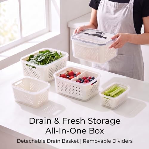 5 Pack BPA-Free Produce Keeper, Food Storage Container w/ Drain Basket
