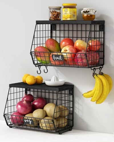 Goozii Black Kitchen Wall Hanging Storage Basket Set of 2, Rustic