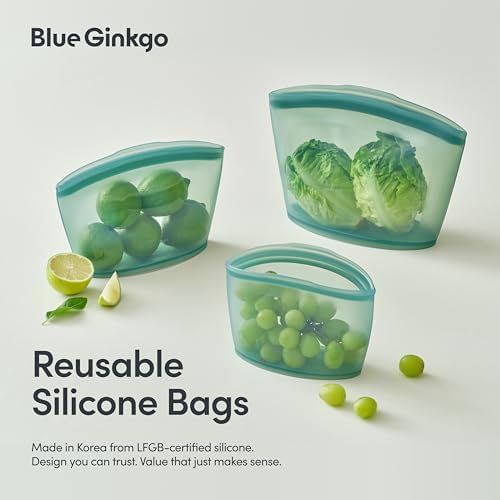 Blue Ginkgo Silicone Food Storage Bags, 4-Pack, Reusable, Made in