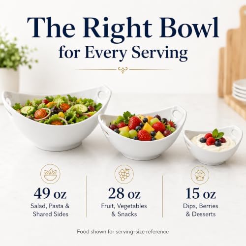 White Ceramic Serving Bowls with Handles, Set of 3, 15-49 oz