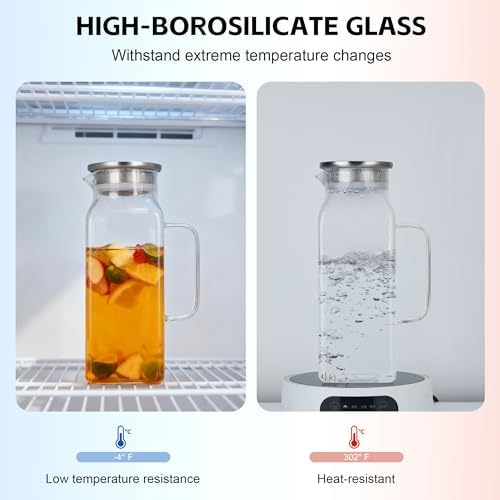2 Pack 2L/68oz Square Glass Pitchers with Handle and Lid, Borosilicate
