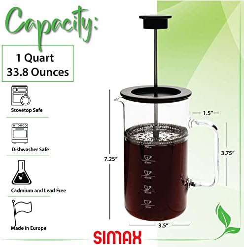 SIMAX French Press Coffee Maker, 1 Liter, Borosilicate Glass