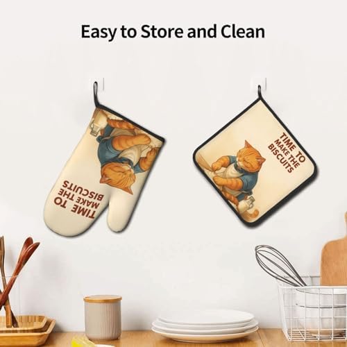 Cute Cat Oven Mitts and Pot Holder Set