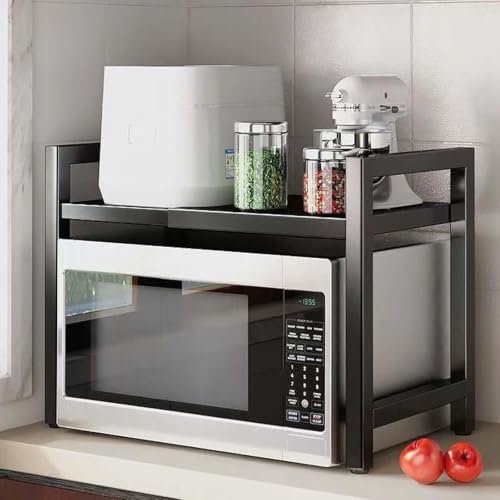 Microwave Oven Rack, Adjustable Shelf with 6 Hooks