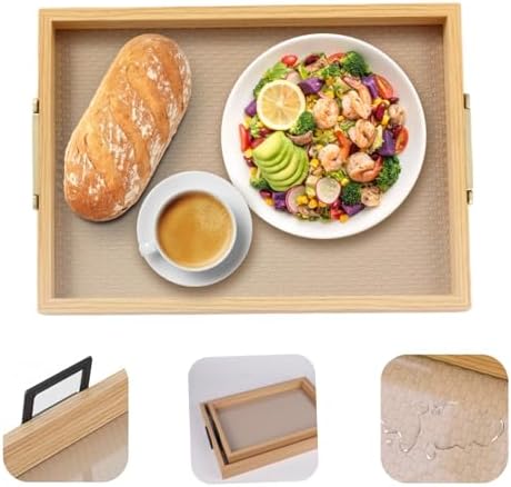YWMSGM Leather Surface Wood Service Tray with Metal Handle, Decorative