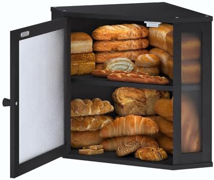 Corner Bread Box for Kitchen Countertop,Bread Storage for Homemade Bread, Double Layer Large Bamboo Kitchen Storage Bin with Window (Black, Medium)