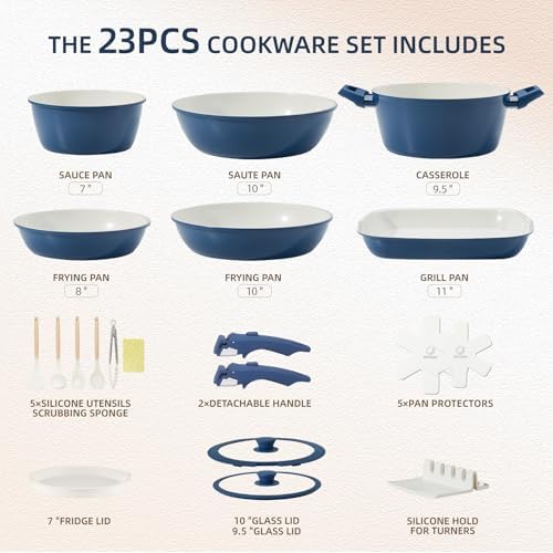 BECIGAR 23pcs Ceramic Pots and Pans Set, Nonstick Detachable Handle