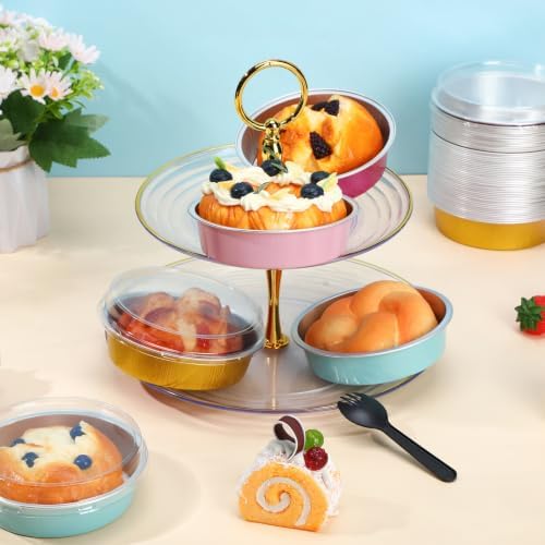 60 Pack Mini Cake Pan with Lid and Spoon 8oz, Pink Blue Rose