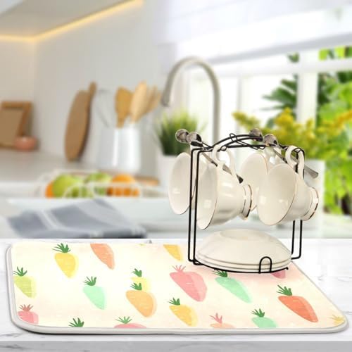 OTVEE Doodle Carrot Art Dish Drying Mat for Kitchen Counter Absorbent