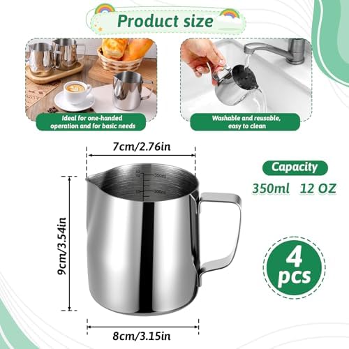 4 Pcs Milk Frothing Pitchers, 12 Oz 304 Stainless Steel Espresso