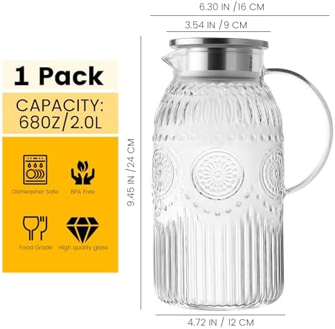 Bandesun Vintage Glass Pitcher with Lid, Heat Resistant Borosilicate
