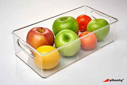 Pikanty Clear Refrigerator Organizer Bin with Handles — 11 Inch Compact Stackable Fridge and Pantry Storage Container for Snacks, Yogurt, Condiments, Dishwasher Safe, Made in USA