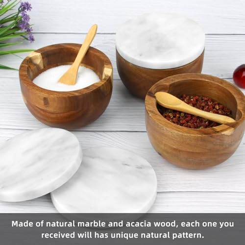 Salt Cellar Box with Lid & Spoon, Marble Lid Set