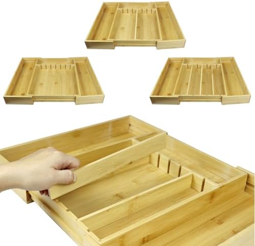 Bamboo Adjustable Drawer Organizer - Expandable Utensil Organizer for