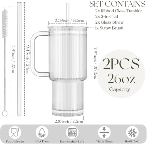 KEMORELA 24oz Ribbed Glass Tumbler with Handle and Lid,Iced Coffee
