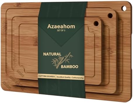 3-Piece Bamboo Cutting Board Set Serving Tray Juice GroovesHandles