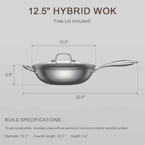 12.5-Inch Hybrid Stainless Steel Wok Pan with Lid, Laser-Textured Nonstick Stir Fry Pan, PFOA-Free, Induction Compatible, Oven & Dishwasher Safe for All Cooktops