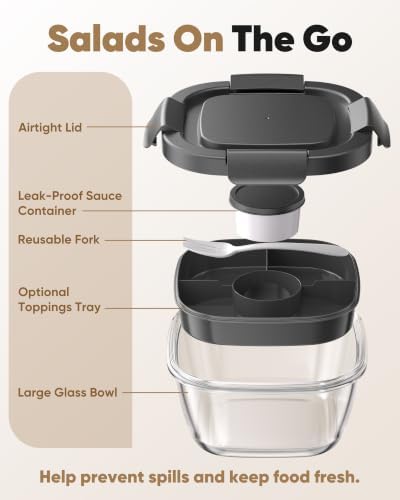 Canfanni Glass Salad Container, 56oz Bowl with Airtight Lids, Bento