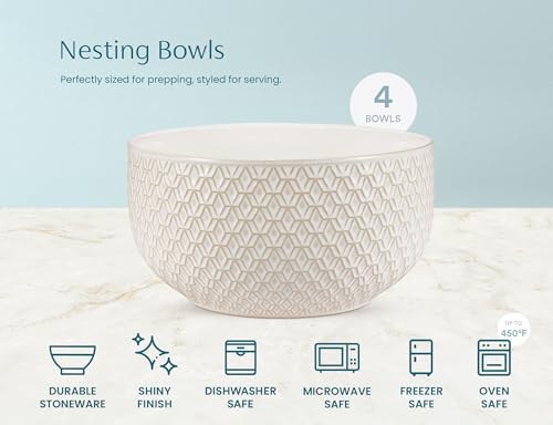 KooK Ceramic Nesting Bowls, Embossed, Oven Safe, Set of 4, Ivory