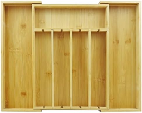 Bamboo Adjustable Drawer Organizer - Expandable Utensil Organizer for