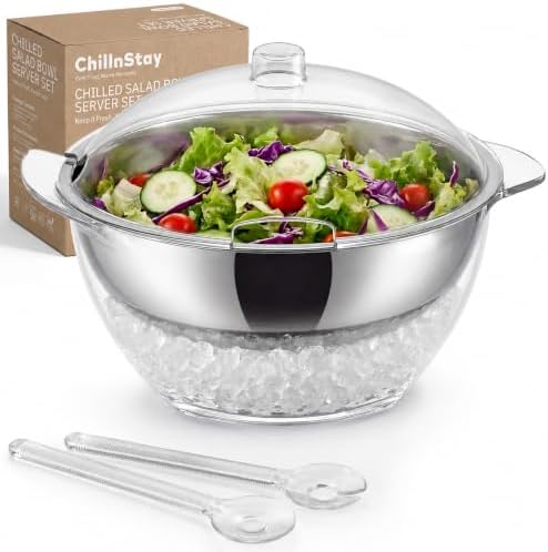 Chilled Serving Bowl on Ice, Salad Bowl with Lid, 5 QT Stainless Steel