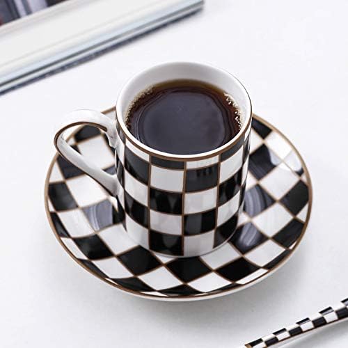 Checker 3-ounce Espresso Cups and Saucers Set of 6, Demitasse Cups Set