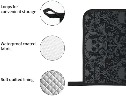 Victorian Gothic Black Skull Damask Oven Mitts and Pot Holders Sets of